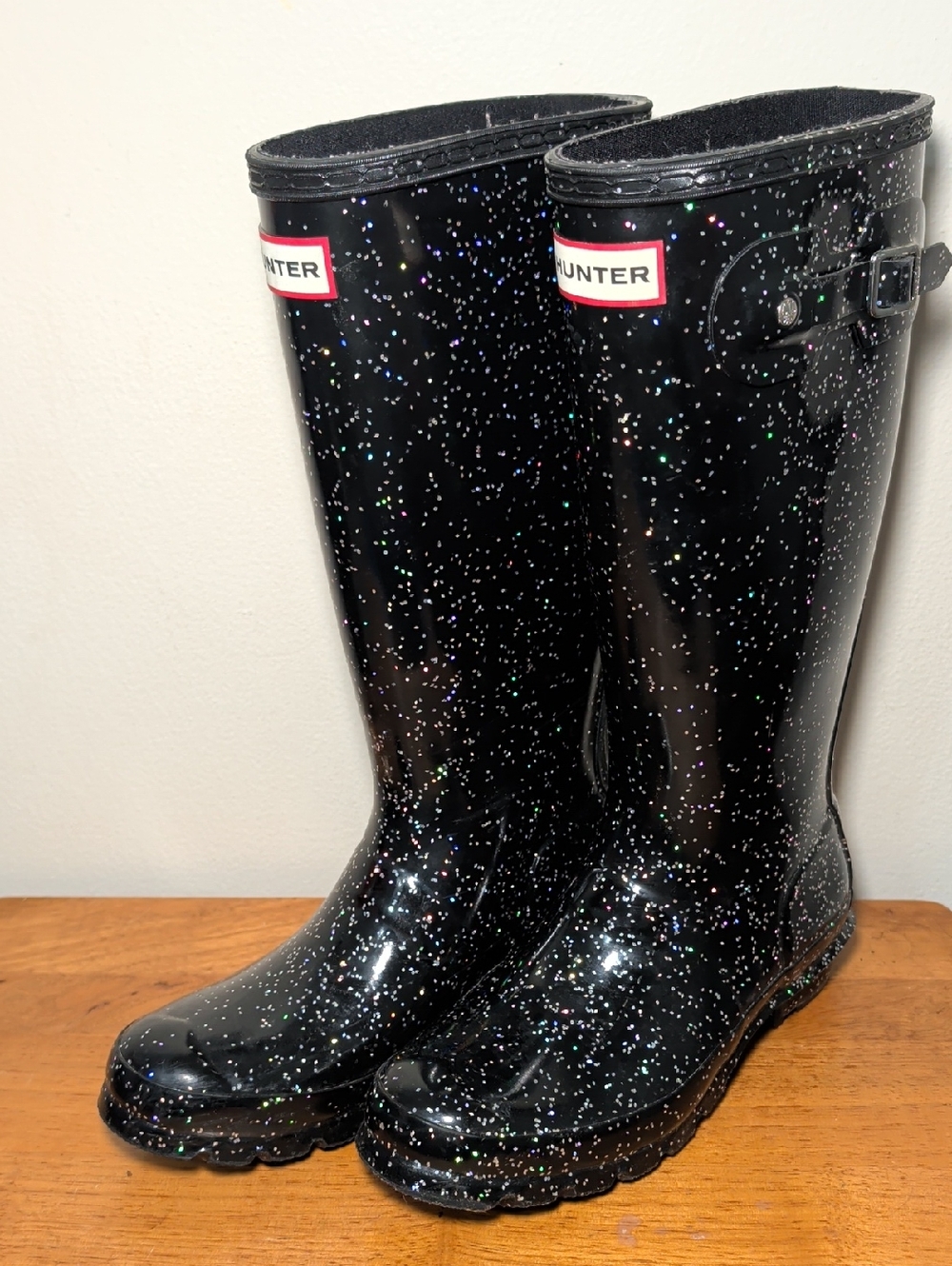 Hunter Original Kids Giant Glitter Boots Black Silver Waterproof Girls Size 6